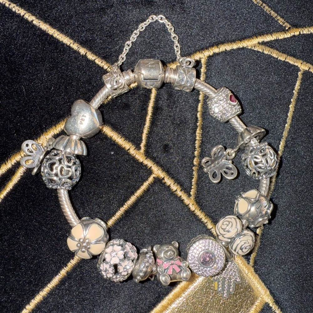 Authentic Pandora Silver Charm Bracelet + Charms + Clips + Safety Chain